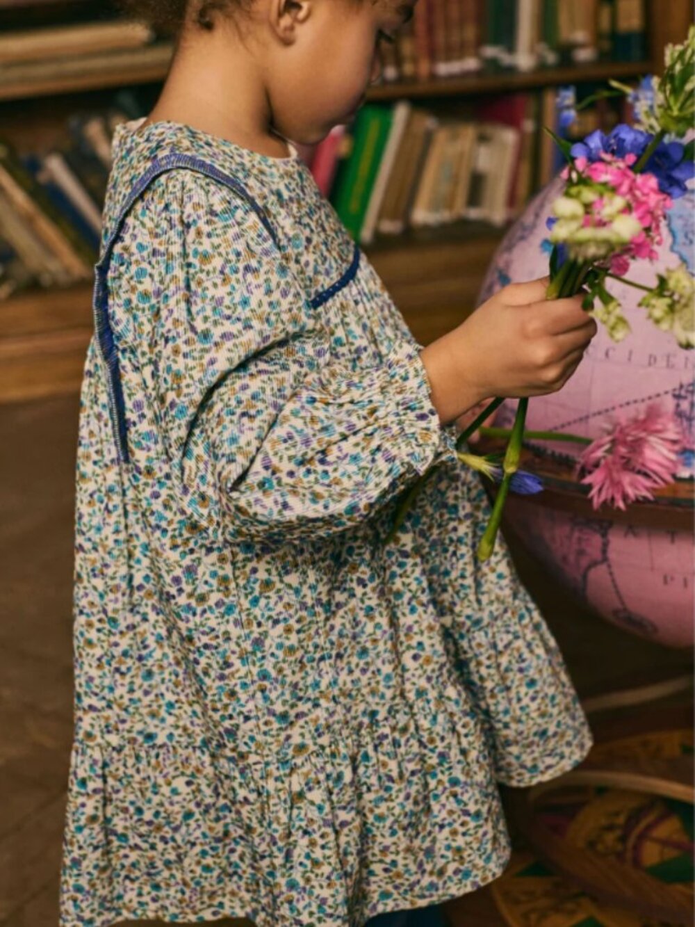 Louise Misha Girls Floral Long Sleeve Cord Dress in Teal & Navy - Picture 2 of 6